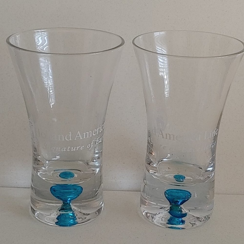 VINTAGE HOLLAND AMERICA LINE COLORED AIR BUBBLE SHOT GLASSES 3 1/4" PAIR